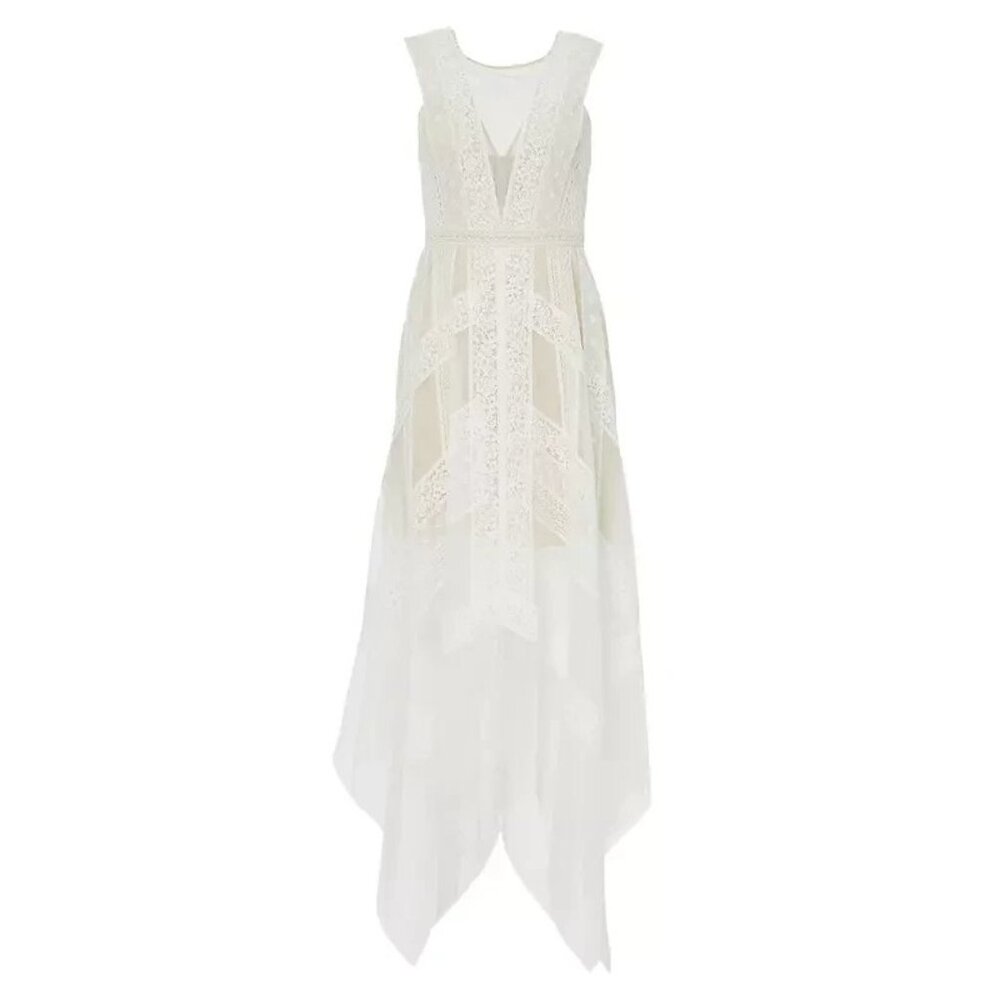 NWT BCBG MaxAzria Andi in Off White Nude Lace Handkerchief Hem Sheer Dress 10